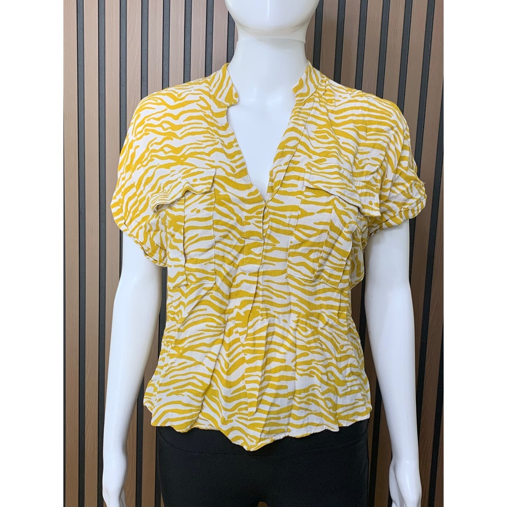 Maeve Anthropologie Women's Yellow Zebra Print Viscose Blouse Split Neck XS